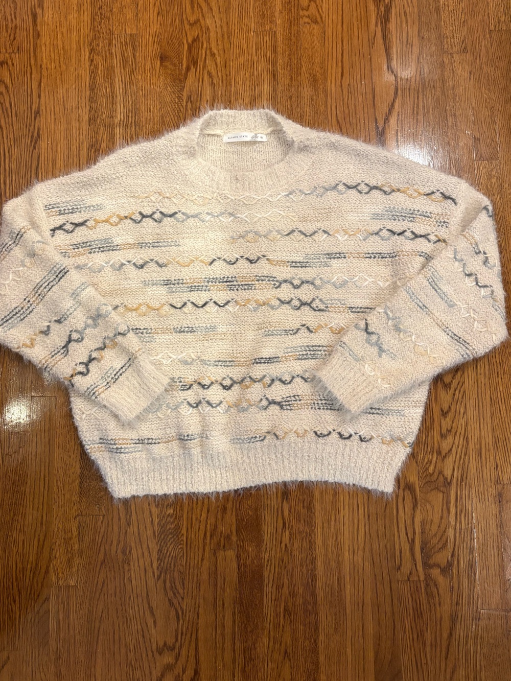 Altar'd State Cream Sweater with Navy and Gold Accent Stripes